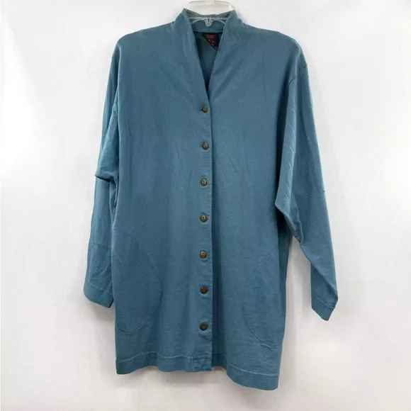 Vintage Mishi 100% Cotton Teal Long Lightweight Cardigan Sweater Pockets Medium - Picture 12 of 13